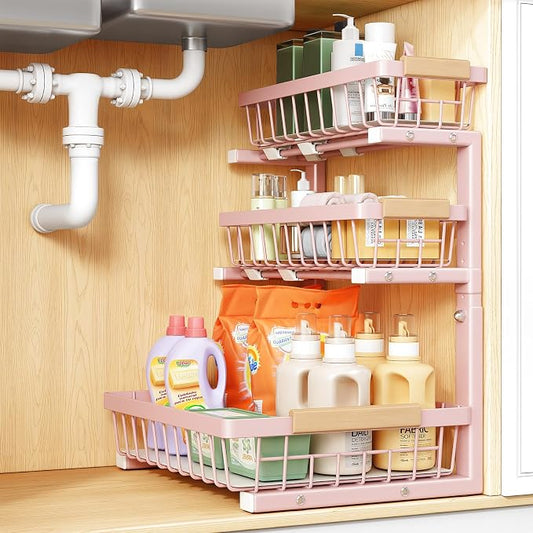PXRACK Under Sink Organizer, 1-Pack 3-Tier Height Adjustable Thickened Metal Pull out Cabinet Organizer Shelf, Slide out Storage Drawer Rack for Bathroom Kitchen Pantry Home Organization, Pink by PXRACK