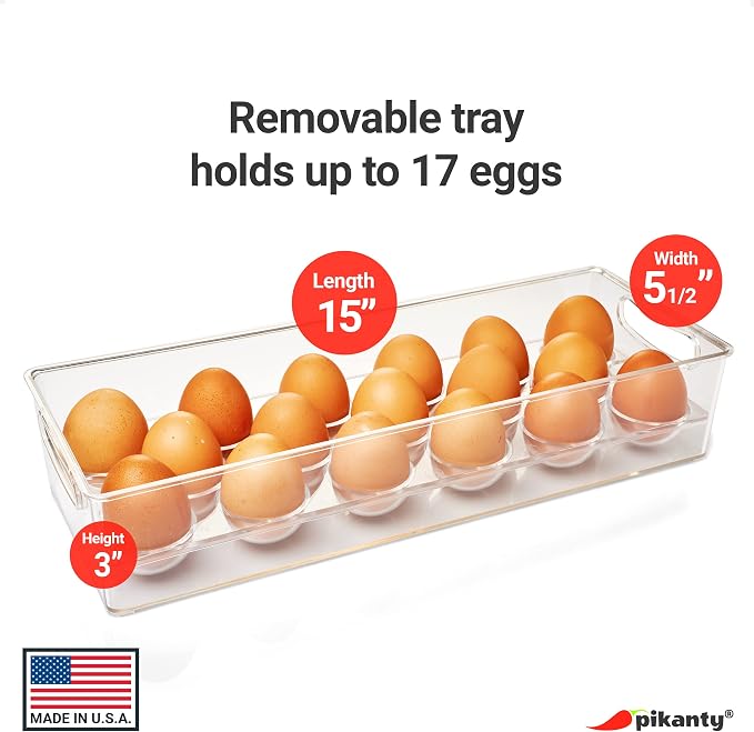Pikanty Egg Holder for Refrigerator with Removable Tray - Holds 17 Eggs, Clear Plastic Container with Pull Handles for Bulk Eggs, Farm Fresh, Backyard Chickens, Dishwasher Safe, Made in USA - Image 2