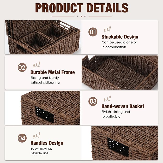 Yookeer 5 Pcs Woven Paper Rope Storage Baskets with Lid and Handles, Brown Large Storage Organizer with Labels, Stackable Rectangular Boho Decorative Baskets for Toys Shelves Bedroom - Image 4