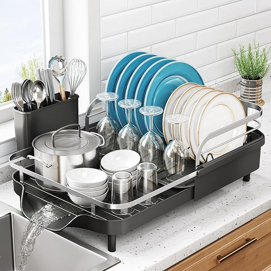 SNTD Expandable Dish Drying Rack for Kitchen Counter, 15.2-22.1 in, Black | Rust-Resistant Stainless Steel, Protective Side Rails, Self-Draining Drainboard, Removable Utensil Holder by SNTD