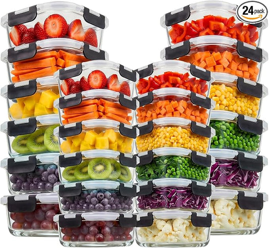 Konokyo Square Glass Food Storage Containers with Lids, 24 Pack Airtight Leakproof Meal Prep Containers, BPA-Free, Microwave Oven Freezer & Dishwasher Safe, Assorted Sizes by Konokyo