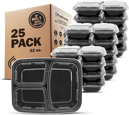 Freshware Meal Prep Containers [25 Pack] 3 Compartment with Lids, Food Storage Containers, Bento Box, Stackable, Microwave/Dishwasher Safe (32 oz) by Freshware