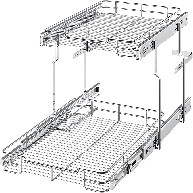Delamu Pull Out Cabinet Organizer 2-Tier 14" W x 21" D Heavy Duty Chrome-Plated Slide Out Drawers, Kitchen Drawer Organizer Pull Out Shelves for Pots & Pans, Home Pantry Cans & Spices, Silver - Image 7