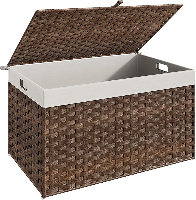 HOOBRO Storage Basket with Lid, 42.3 Gallon (160L) Wicker Basket, Handwoven Blanket Storage Basket with Handles, Metal Frame and Soft Lining, Foldable for Bedroom, Laundry Room, Brown BR216CW01 by HOOBRO