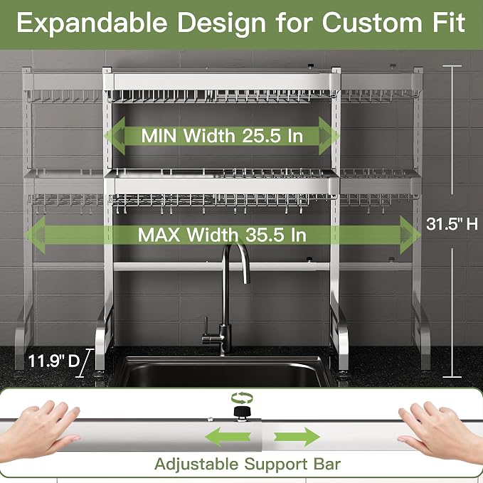 Over The Sink Dish Drying Rack, Extra Large Capacity Dish Drainer | 3 Tier Extra Large All Stainless Steel Expandable Plate Strainers, Rustproof Metal, Counter Space Saving, Modern Silver - Image 3