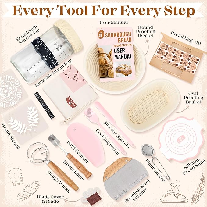 Sourdough Starter Kit Complete Set with Tools, Proofing Baskets, Jars | Pink, 9" Round & 10" Oval Baskets, Sourdough Bread Baking Supplies, Sour dough Beginner Kit Gifts for Bakers Women Wife Mom - Image 7