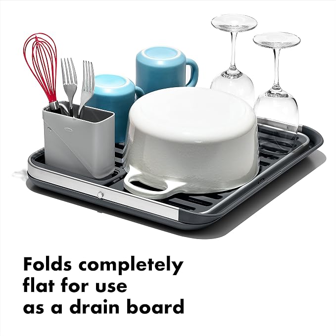 OXO Good Grips Aluminum Fold Flat Dish Drying Rack, 2-Tier, with Drainboard, for Kitchen Counter, Collapsible - Image 2