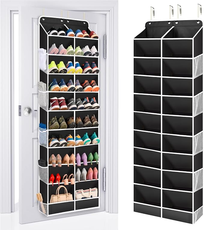 ULG Over The Door Shoe Organizer for Closet Fit 24-32 Pairs with Large Deep Pockets, Narrow Shoe Rack for Door Hanging Boots Storage, Black by ULG
