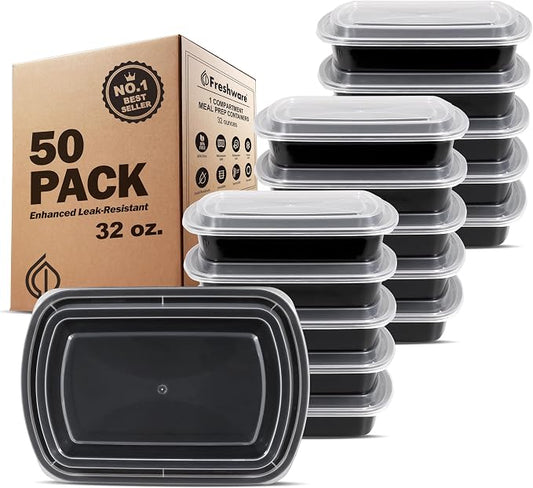 Freshware Meal Prep Containers [50 Pack] 1 Compartment with Lids, Food Storage Containers, Bento Box, BPA Free, Stackable, Microwave/Dishwasher/Freezer Safe (32 oz) by Freshware