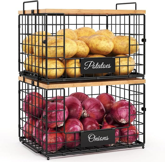 2 PACK XXL Potato and Onion Storage Bins, Pantry Organizers and Storage | Stackable Wire Baskets with Wooden Tops & Tags, Kitchen Counter Organizers Bins for Potato, Onion, Fruit, Vegetable, Garlic by keomaisyto