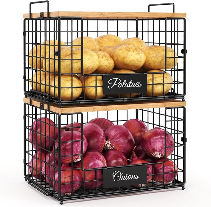 2 PACK XXL Potato and Onion Storage Bins, Pantry Organizers and Storage | Stackable Wire Baskets with Wooden Tops & Tags, Kitchen Counter Organizers Bins for Potato, Onion, Fruit, Vegetable, Garlic - Image 7