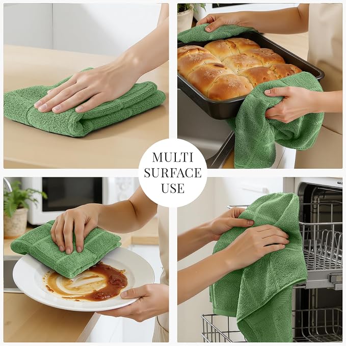 Homaxy 100% Cotton Kitchen Towels 18"x28", 8 Pack Dish Towels, Grass Green | Large 380 GSM Soft and Absorbent Kitchen Hand Towels with Terry Grid Design, Utility Tea Towel Set with Hanging Loop - Image 5