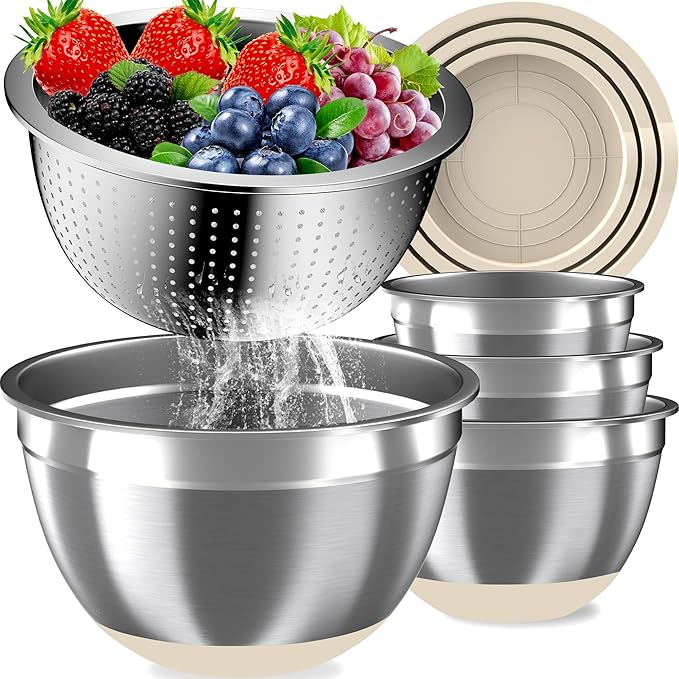 Mixing Bowls with Airtight Lids Set, 4 Stainless Steel Bowls Nesting Bowls & Colander, Kitchen Organizers and Storage Non-Slip Bottom, Size 1.5/2.0/2.5/4.5QT, Great for Mixing & Serving, Khaki by AUFETQ