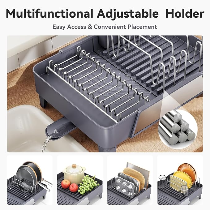 Urackify Large Dish Drying Rack, Expandable Dish Drainer, Gray | Extendable 16.3" to 23.6" L, with Drainboard & Utensil Holder, Anti-Rust, Fits Any Sink, High capacity, Easy to Install - Image 4