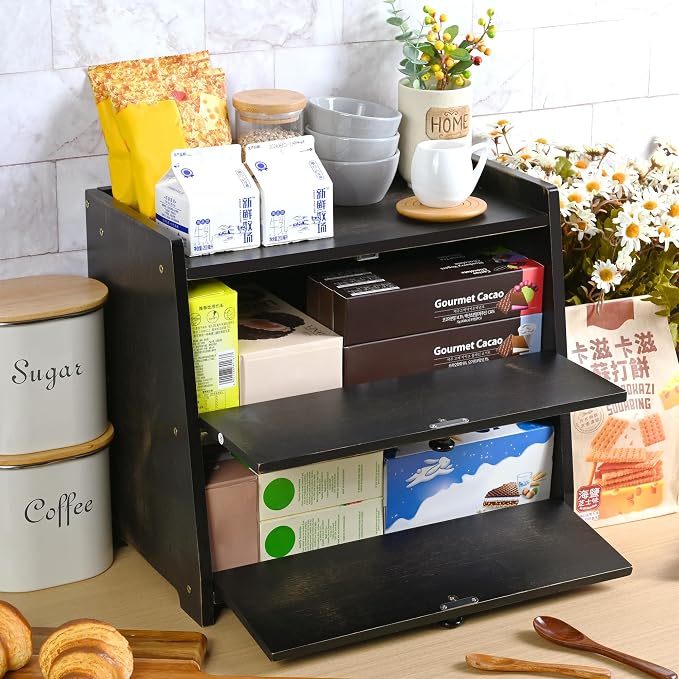 Bamboo Corner Bread Box for Kitchen Countertop 2-Tier Black | Farmhouse Bread Storage Container, Large Pantry Organizers for Homemade Snacks, Loaves, Breathable Keeps Bread Fresh - Image 7