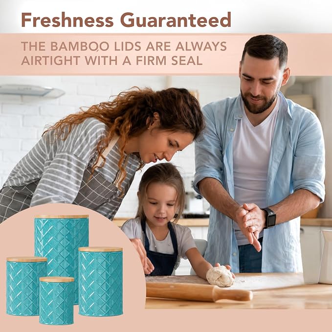 Pebble & Stem® Coastal Teal Metal Canister Set for the Kitchen with Measuring Spoon, Food Canister Set of 4, Airtight Lids, Sugar, Flour Containers, Coffee, Tea Storage, Farmhouse Decor - Image 5