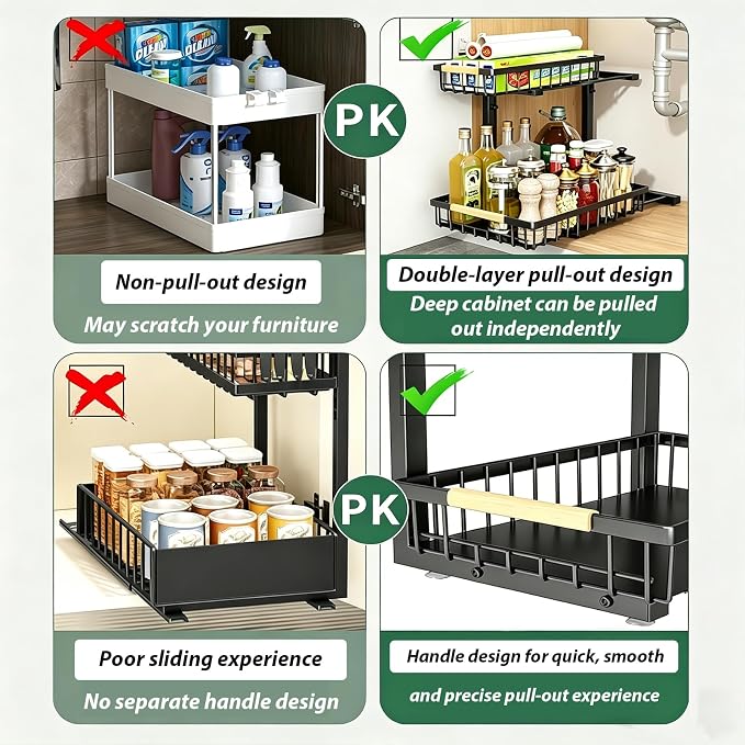 2 Pack Under Sink Organizer, 2-Tier Pull Out Kitchen Cabinet Organizer, Height Adjustable Metal Slide Out Bathroom Organizers and Storage Makeup Drawer Organizer for Office Bedroom (B-Black, 2Pack) - Image 8