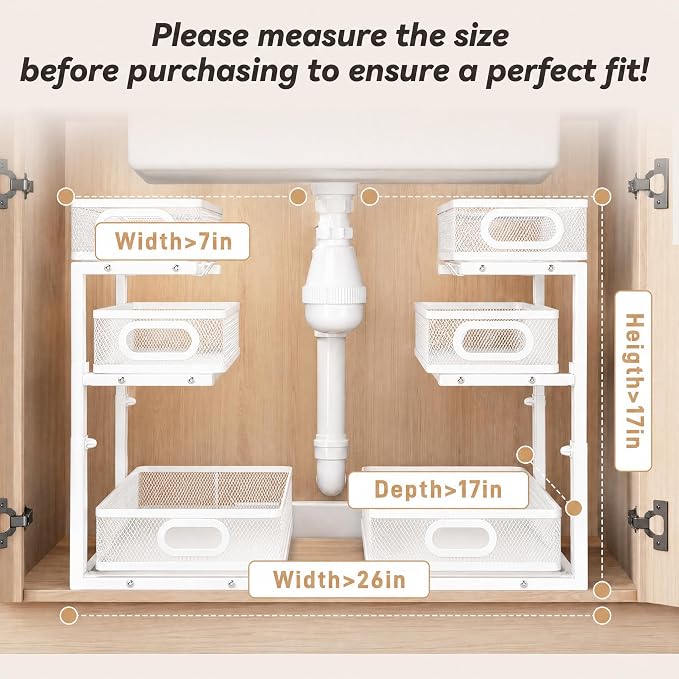 3-Tier Under Sink Organizer 2-Pack Organization for Bathroom Kitchen,White | Thickened Metal Pull Out Cabinet Shelf Height Adjustable Slide Out Drawer Storage Rack for Pantry Laundry Home Office - Image 2