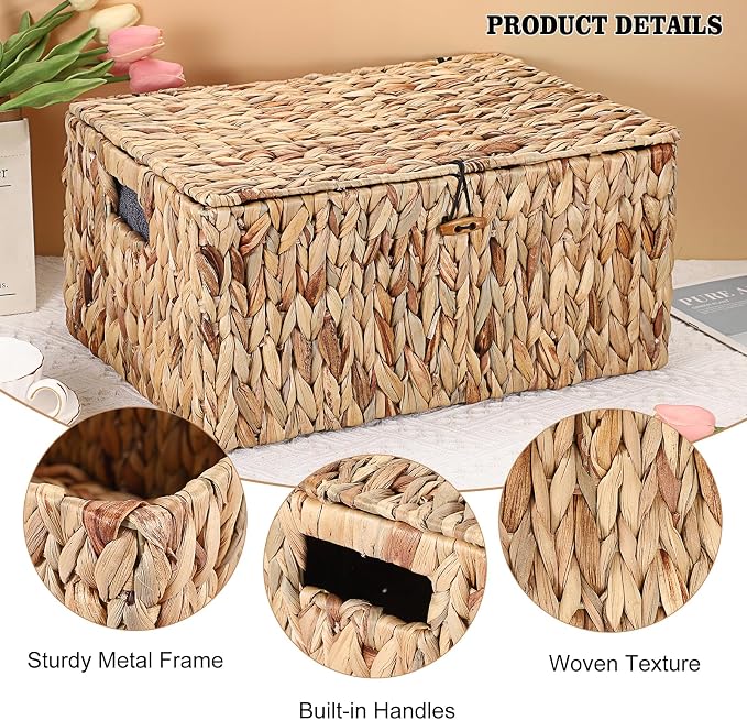Hipiwe Wicker Storage Basket Bin with Lid, Large Water Hyacinth Baskets Box | Rectangular Decorative Shelf Baskets Bin with Handles Handwoven Household Basket Boxes for Shelf Home Organizing - Image 3