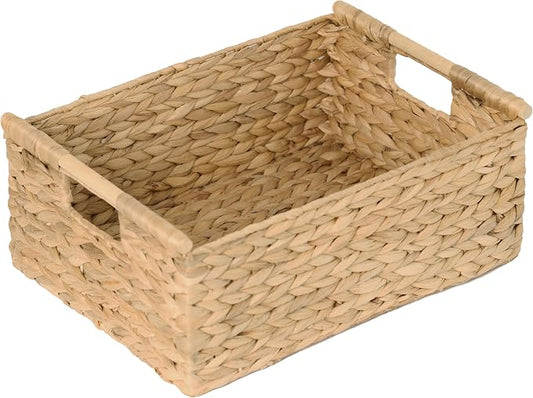 VATIMA Extra Large Wicker Basket Rectangular with Wooden Handles for Shelves, Water Hyacinth Basket Storage, Natural Baskets for Organizing, Wicker Baskets for Storage 16.7"x12.4"x7" by VATIMA