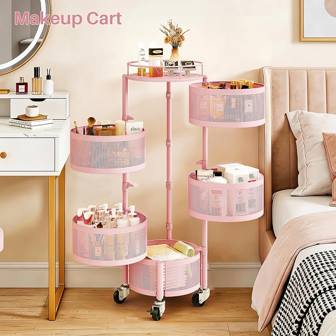 SNTD Fruit and Vegetable Basket Bowls for Kitchen with Metal Top Lid, 5 Tier Rotating Storage Rack Cart for Potato Onion Bread Banana, Wire Basket Organizer on Wheels, Large, Pink - Image 8