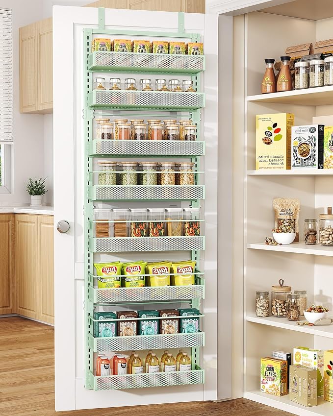 SNTD 8 Tiers Over the Door Organizer, 17" W x 6" D x 69" H, Green | Pantry Door Organizers and Storage, Height Adjustable Spice Rack, Dense Mesh Baskets, Anti-Swing, Adjustable Door Fastener by SNTD