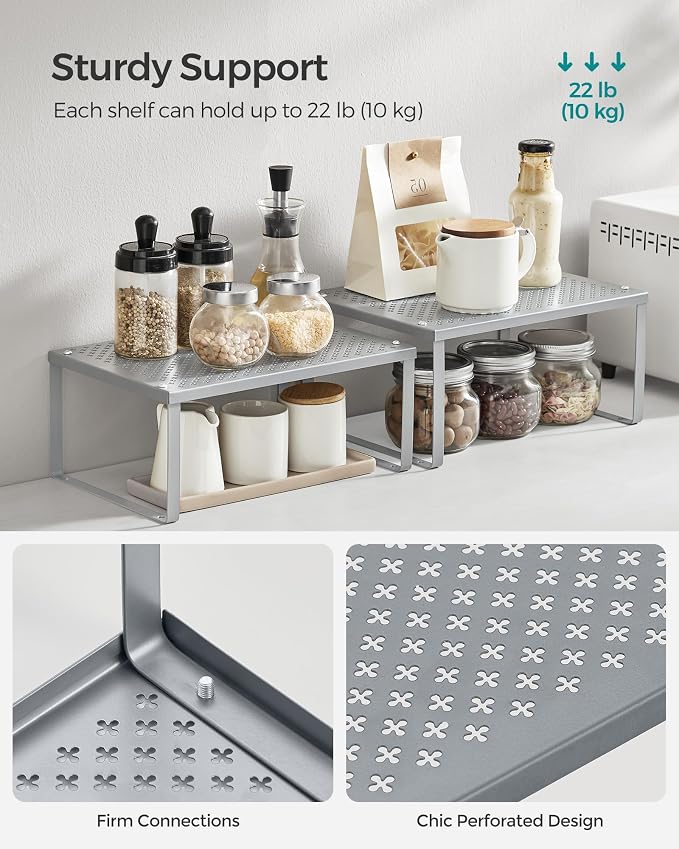 SONGMICS Spice Racks, Set of 2 Metal Cabinet Shelf Organizers, Countertop Organizers, Shelf Risers, Stackable, Expandable, Silver UKCS01SV - Image 5