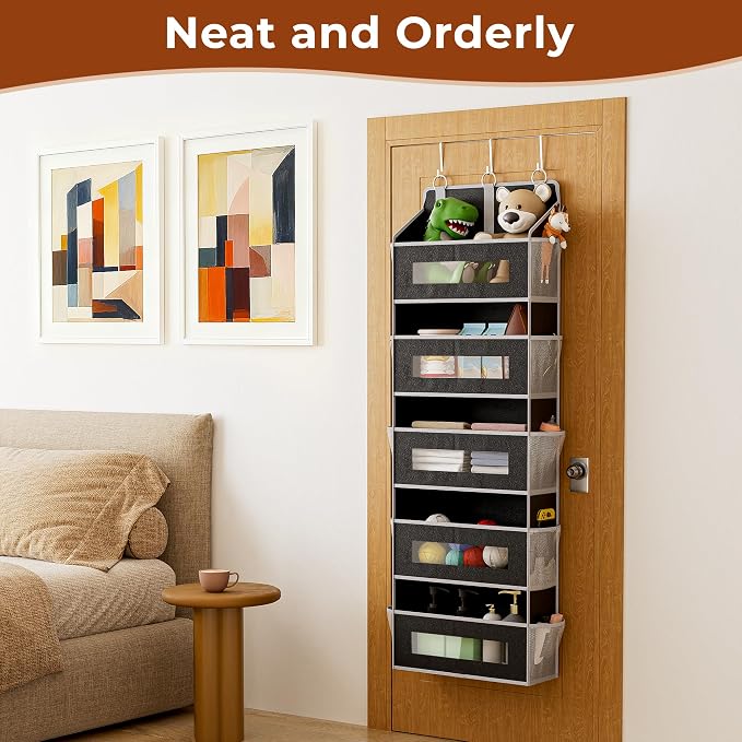 2 Pcak 5 Tier Over The Door Organizer - Large Capacity Behind Door Hanging Shelves with 10 Mesh Pockets and Clear Windows, Closet Organizers and Storage for Bathroom, Bedroom, Nursery, Black - Image 5