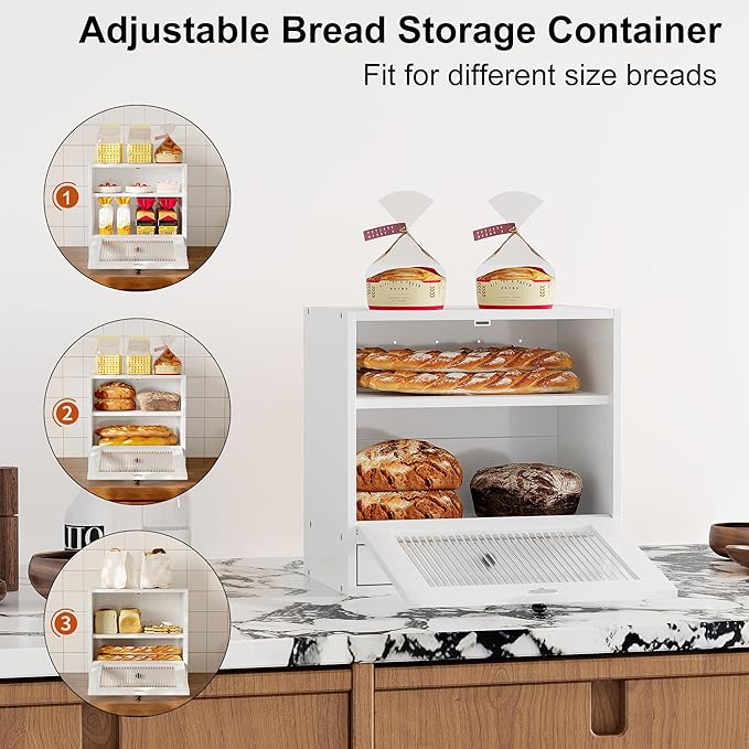Alpeir Wooden Bread Box for Kitchen Countertop, Large Capacity with Ventilation Holes Adjustable Tiered-Shelf, Vintage Farmhouse Breadbox with Drawer & Window, Longer Freshness, White - Image 2