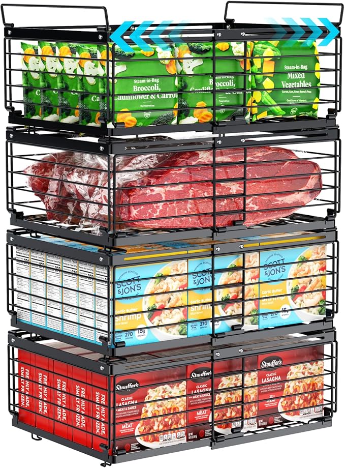 Freezer Organizer Bins - Adjustable Fits Chest Freezers 10-20 Cu Ft | 4 Pack Stackable Wire Baskets, Easy Access & Quick Organization, Sturdy Steel Rack Holds Frozen Meat and Vegetables, Black by iSPECLE