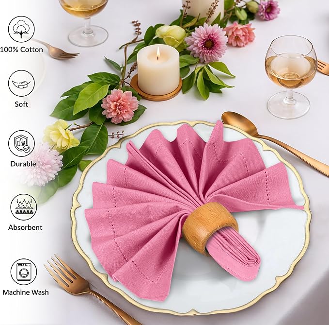 Ruvanti Cloth Napkins Set of 12, 100% Cotton High GSM 18x18 Inches, Hem Stitched Corners, Soft, Washable, Highly Durable & Absorbent, Perfect for Parties, Christmas, Thanksgiving Dinners – Pink - Image 3