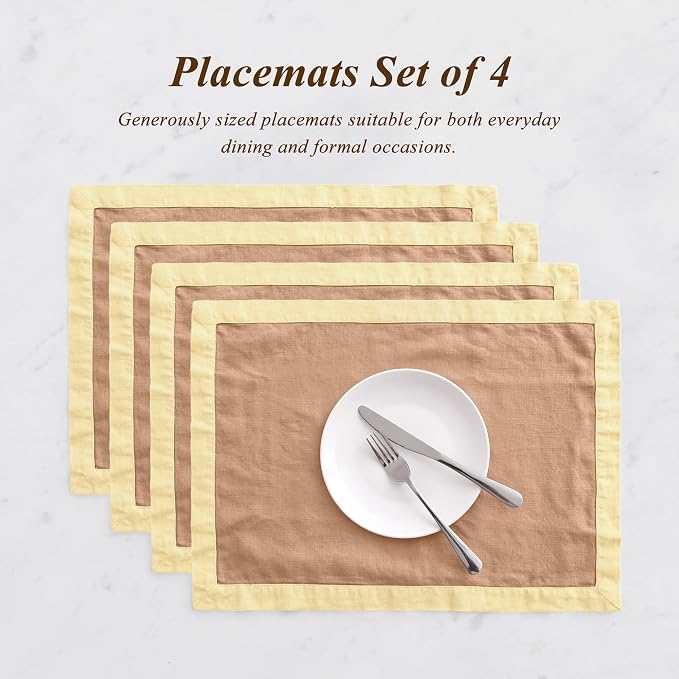 Linen World 100% French Linen Placemats Set of 4,21 x 15 Inch Double Layer Table Mats,Washable Heavyweight Placemats for Holiday Dining Kitchen Decor,Lemon Yellow with Terracotta Contrast Border - Image 4