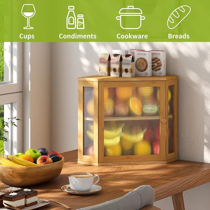 BMOSU Corner Bread Box for Kitchen Countertop Double Layer Bamboo Wooden Bread box Large Capacity Bread Storage Bin(Natural, Medium) - Image 6