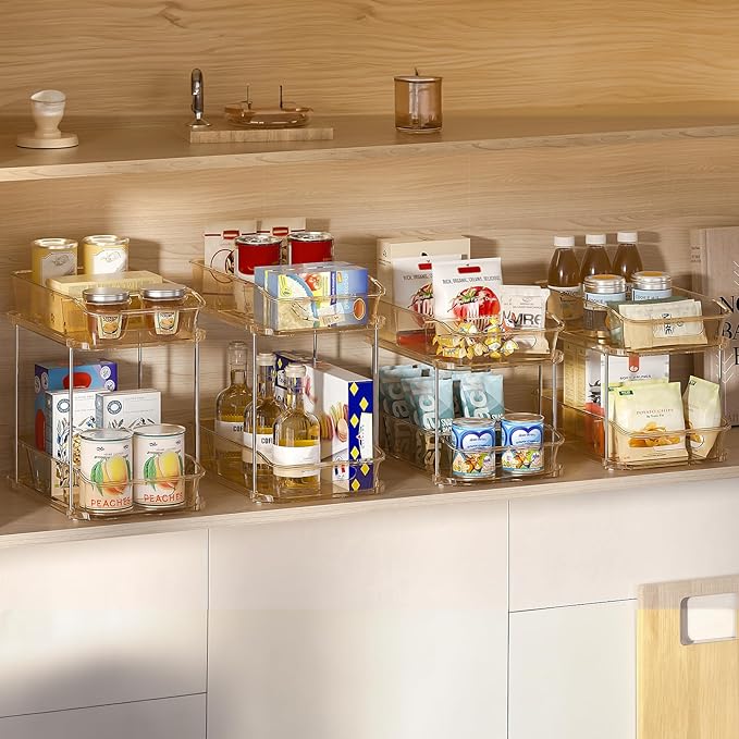 Delamu 2-Tier Under Sink Organizers and Storage, Multi-Purpose Stackable Bathroom Cabinet organizers, Pull Out Kitchen Pantry Organization and Storage with Dividers(3 Pack, Amber) - Image 3