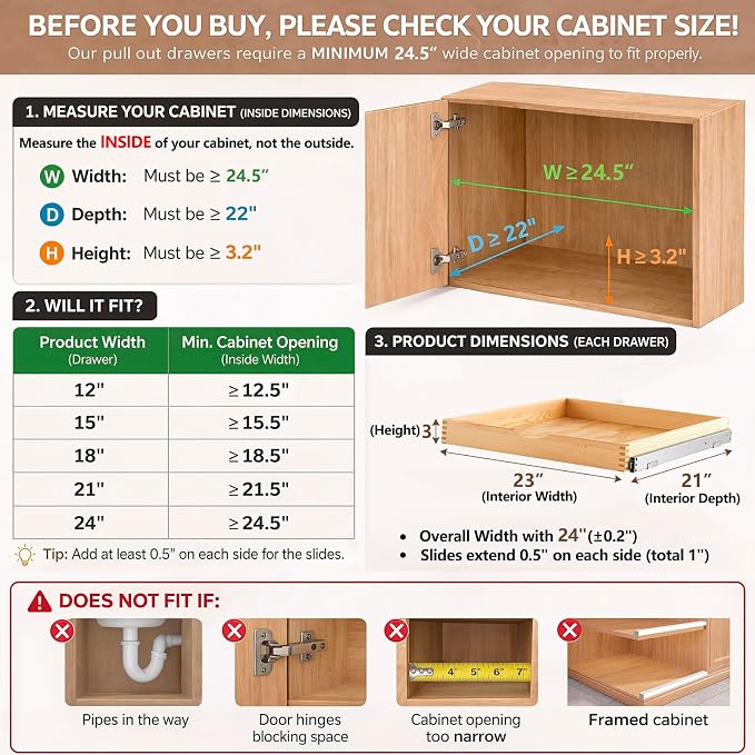 2 Set Wooden Pull out Cabinet Organizer Fully Assembled Slide out Pantry Drawer with Gentle Close Storage Shelf Tray for Base Kitchen Under Sink Bathroom Accessory(Wood Color,24'' X 21'' X 3'') - Image 2
