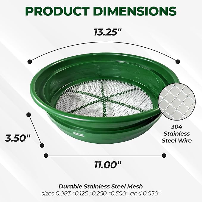 SE 13.25 Inch Wide Stackable Classifier Gold Prospecting Pan Set - Includes 1/2" 1/4" 1/8" 1/12" and 1/20" Stainless Steel Mesh Sifting Pans, Green, 5 Pack - Image 4