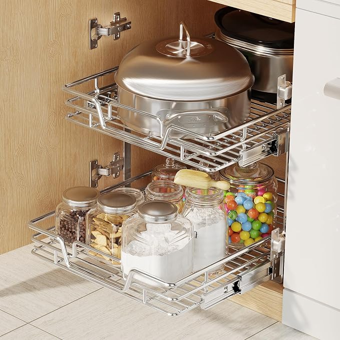 2-Tier Kitchen Cabinet Pull Out Shelf and Drawer Organizer Slide Out Pantry Storaqe Basket in Multiple Sizes (15" W x 21" D) - Image 5
