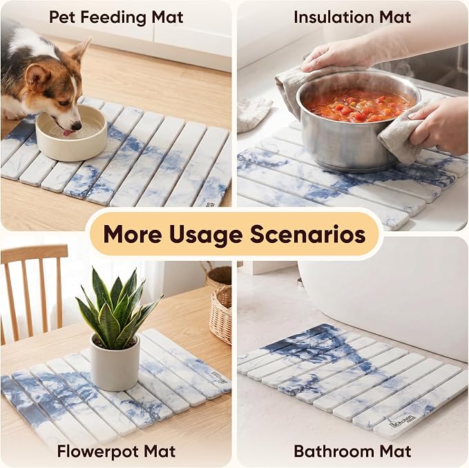 Stone Drying Mat for Kitchen Counter 24"x15" - Large Diatomite Dish Drying Mat, Kitchen Drying Stone, Super Absorbent Quick Dry, Foldable Heat Resistant, Blue Marble - Image 6