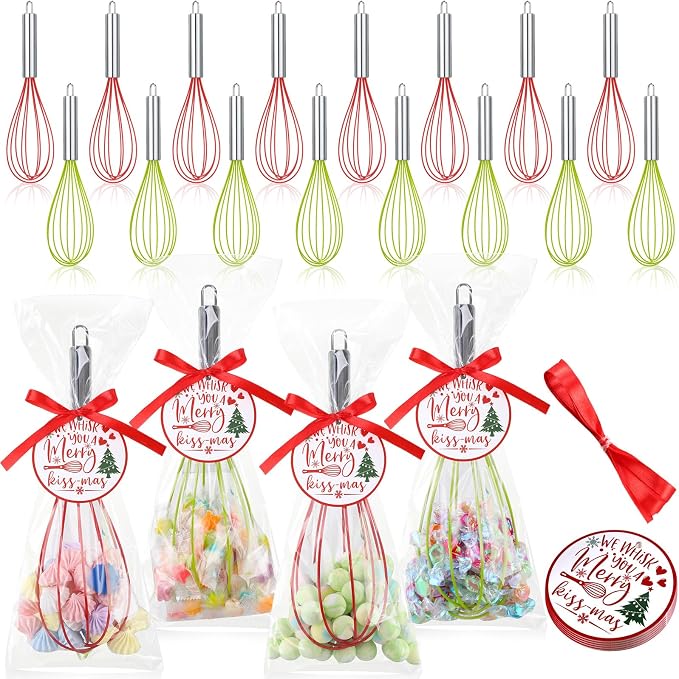 FoldTier 16 Sets 10 Inch Christmas Whisks Gifts DIY Fillable Christmas Tree Ornaments Xmas Colored Silicone Whisks for Cooking Heat Resistant Egg Beaters with Card Rope Bag for Candy Holder by FoldTier