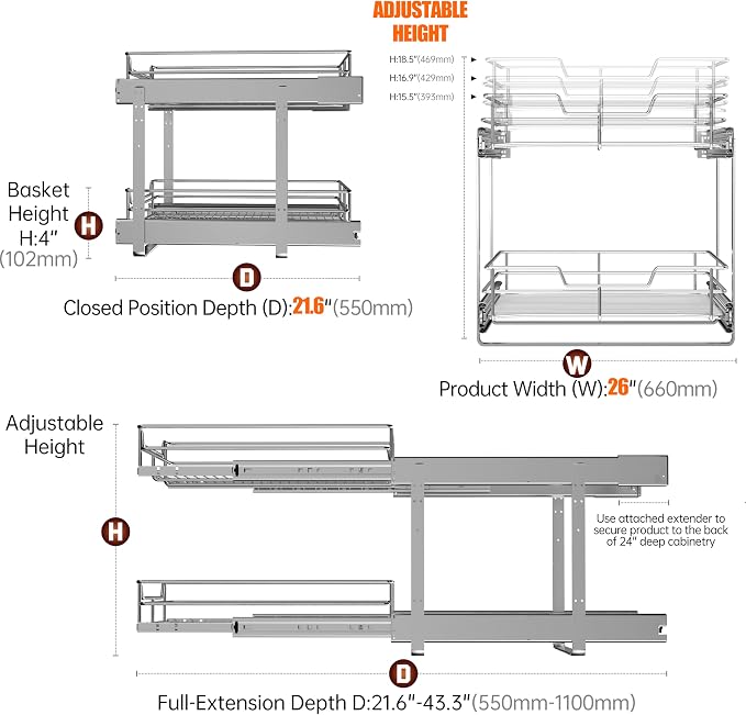 2-Tier Pull Out Cabinet Organizer, 26" W x 22" D, Chrome | Heavy-Gauge Wire Slide Out Shelves, 100 lbs Capacity, Ball-Bearing Glides, Min 27" Opening, Under Stove Storage - Image 5