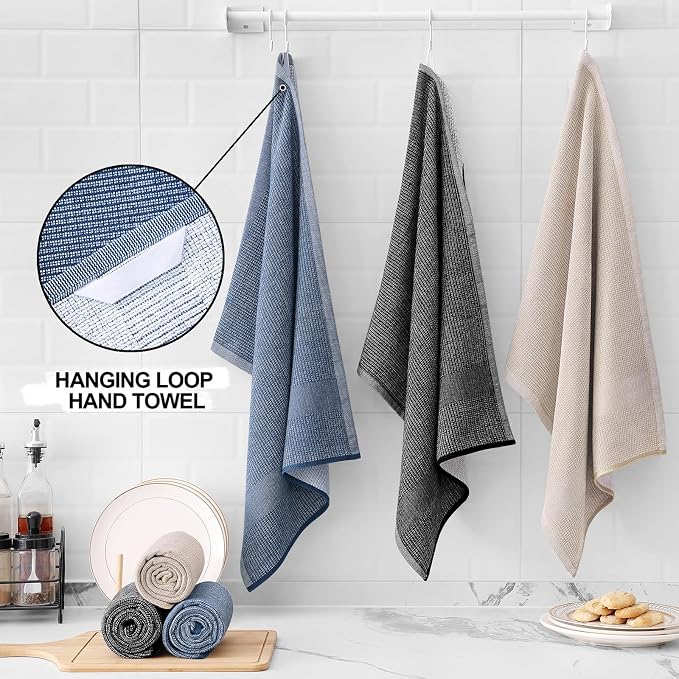 Homaxy 380 GSM Cotton Premium Kitchen Towels 6 Pack, 18"x 28", Mix | Flat and Terry Dish Towels, Highly Absorbent Tea Towel Set with Hanging Loop, Soft Kitchen Hand Towels, Navy/Khaki/Black - Image 3