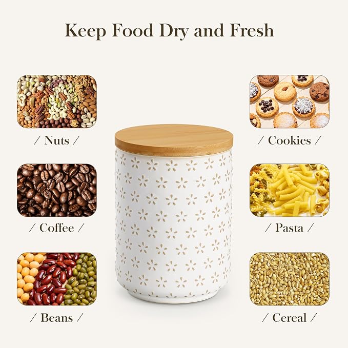 MALACASA LYDIA Ceramic Canisters Set with Airtight Lids, 80/40/20 oz Coffee Canisters Sets for the Kitchen, Large Jars for Flour, Sugar, Pasta, Coffee, Cookies, Tea - Set of 3, Five-Leaf Grass - Image 5