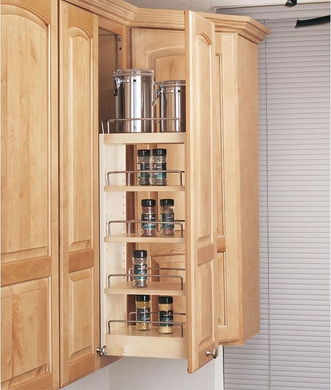 Rev-A-Shelf 8" Pullout Storage Organizer for Wall Kitchen Cabinets, Sliding Adjustable Shelves for Spice Rack or Cans, Wood and Chrome, 448-WC-8C - Image 2