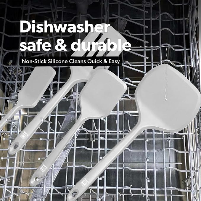 New DI ORO Seamless Series Moda 4-Piece Silicone Turner Spatula Set - 600°F Heat-Resistant Flexible Kitchen Spatulas for Nonstick Cookware - Flippers for Eggs & Pancakes - Utensils for Cooking (Stone) - Image 6