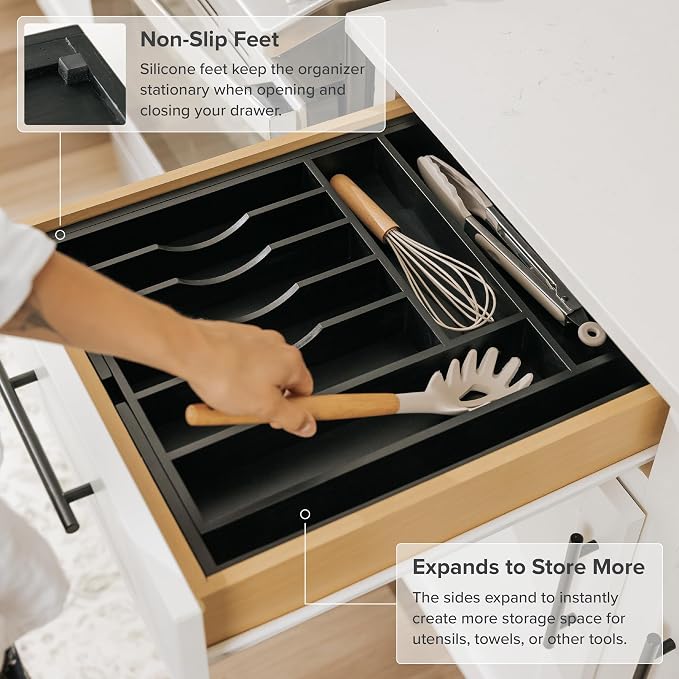 Silverware & Utensil Drawer Organizer, 14.5-25 in, Black Bamboo | Cutlery, flatware, food-safe contract grade, kitchen drawer fit - Image 6