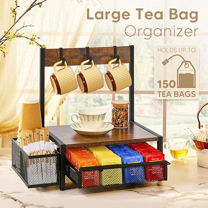 DGWJSU Tea Bag Organizer, Wood Tea Organizer and Storage Cheast, Tea Bag Holder with Storage Drawer, 4 Hooks for Tea Cups Holder, Tea Station Chest Display Container Box for Countertop Kitchen - Image 2
