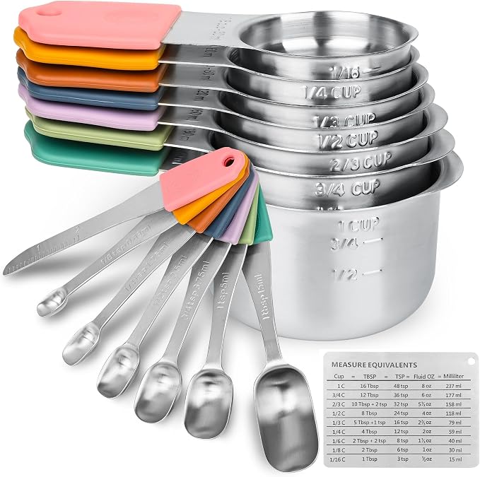 Magnetic Measuring Cups & Spoons Set 15, Stainless Steel Measuring Cups and Spoons Set, Color Heavy Duty Metal Measuring Cups&Spoons Set w/Leveler & Measure Equivalents for Cooking & Baking by Smithcraft