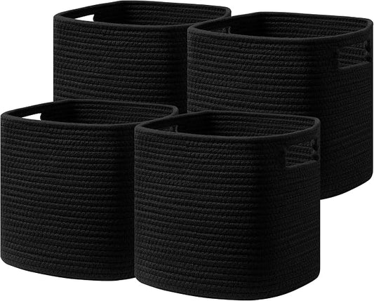 UBBCARE Set of 4 Storage Basket-13 X 13 X 13 in, Cotton Rope Basket for Shelves, Toys, Book, Cube Storage Bins with Handles, Woven Storage Basket for Organizing, Black by UBBCARE