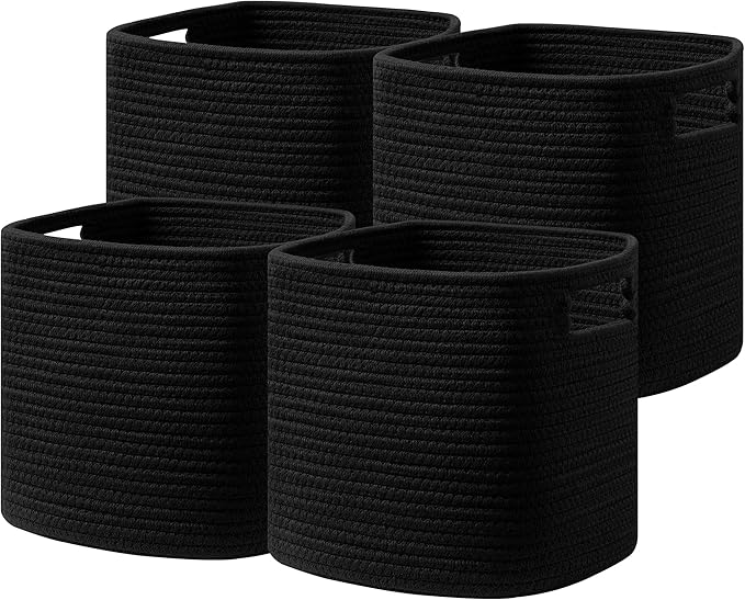 UBBCARE Set of 4 Storage Bins - 11 X 10.5 X 10.5 in, Cotton Rope Bins for Shelves, Toys, Books, Cube Storage with Handles, Woven Black Basket for Organizing by UBBCARE