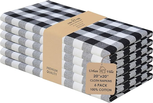 Urban Villa Cloth Napkins Cotton 20x20 (Set of 6) Black Cheks by CottonTrends